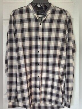 The Kooples Plaid Button-Up Shirt with Leather Trim Collar – Size Large